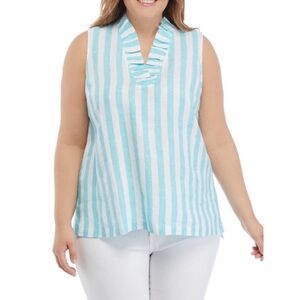 New Crown and Ivy Turquoise and White Striped Linen Blouse Ruffle Collar coastal